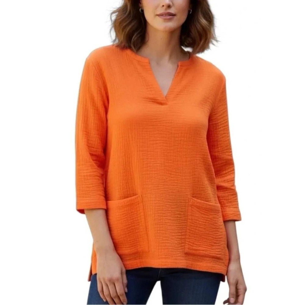 Soft Surroundings Orange Cotton Double Gauze Split Neck Top Petite Large 3EK38